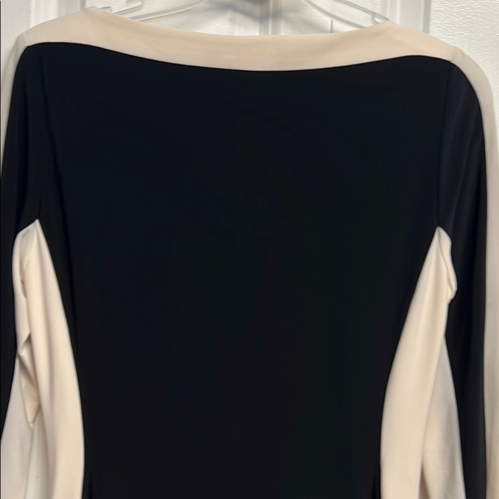 Ralph Lauren Black Cream Sides Strip Mid Sleeve Stretch Body Dress Size 8P - Picture 6 of 6